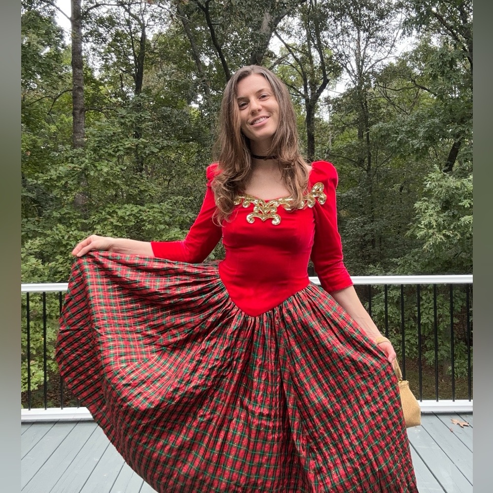 Vintage 1980’s Holiday Party Velvet & Tartan Plaid  A Line Skirt Vintage Size 8 - Picture 3 of 12